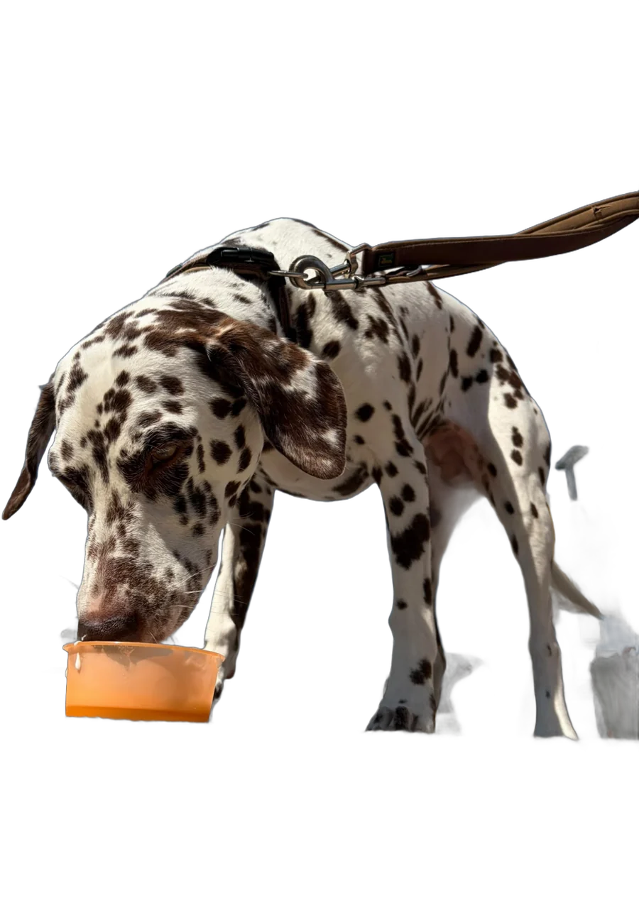 A Dalmatian licking Molly from a cup